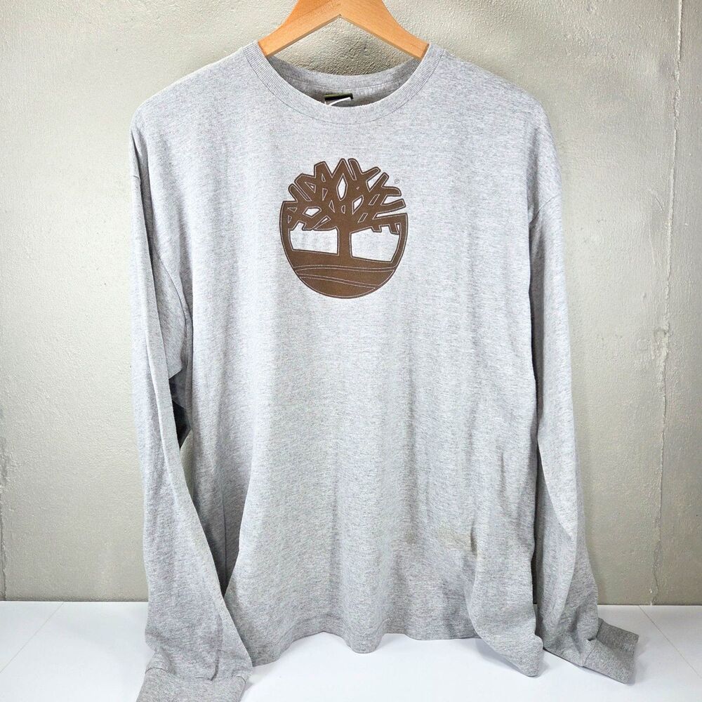Vintage 90s Timberland Flocked Tree Logo Made in USA Long Sleeve Shirt Sz XL